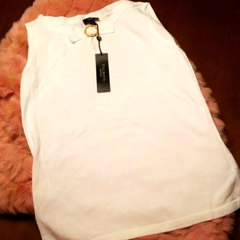 TALBOTS PETITE WHITE WOVEN TANK BAMBOO RING DETAIL